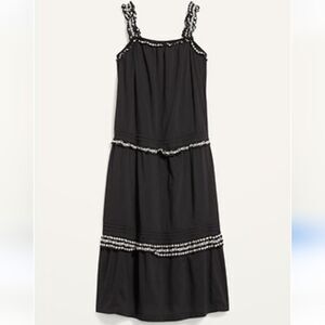 Old Navy Sleeveless Ruffle-Neck Midi Swing Dress Black White Embroidery Size L